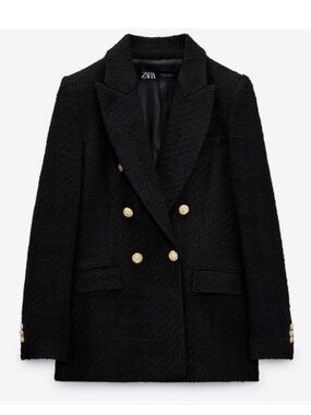 Zara Black Double-Breasted Tweed Blazer